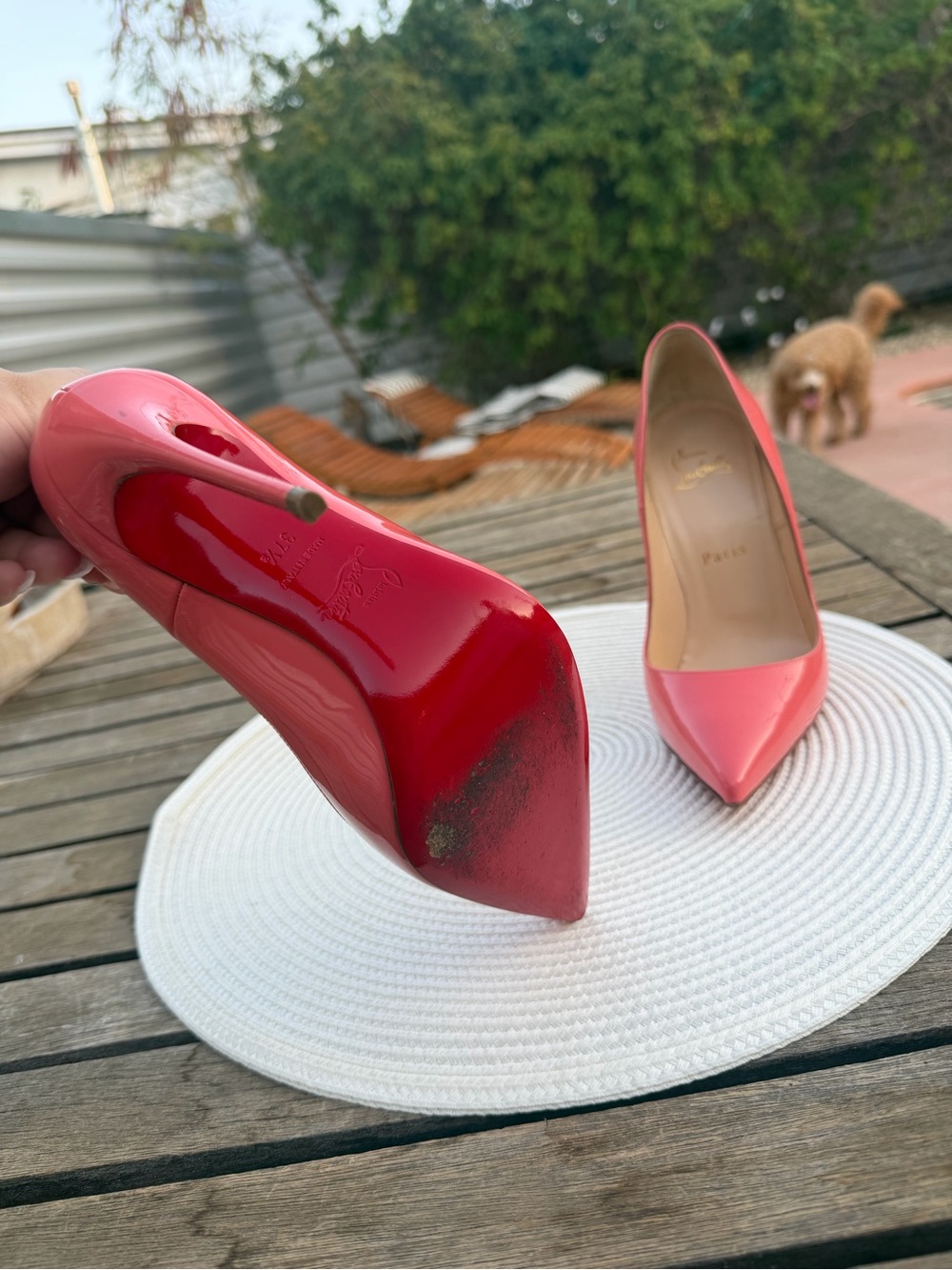 Christian Louboutin Coral Pink Patent Pointed-Toe Stiletto Pumps - Picture 3 of 6